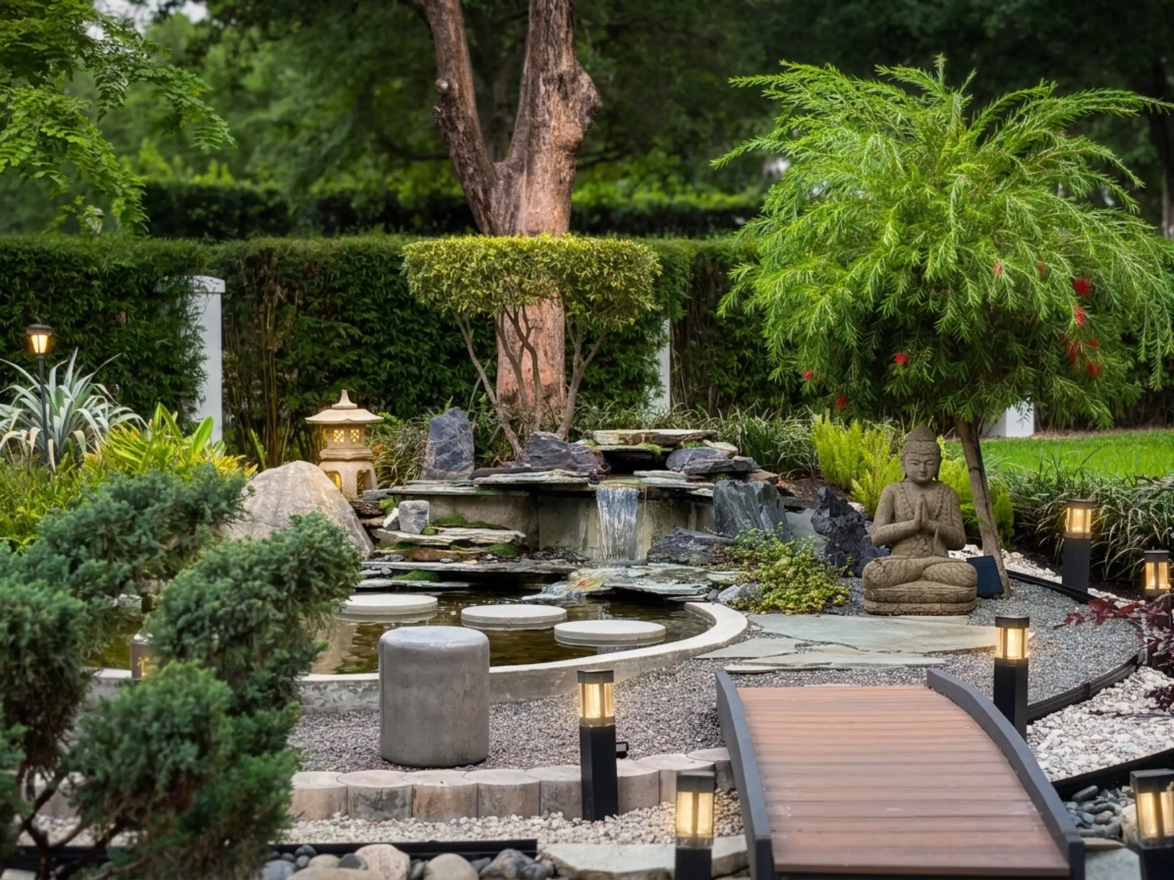 Japanese garden bridge over the reflection pool, stone deck and water feature